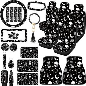 Tallew 26 Pieces Skeleton Cat Moon and Stars Car Seat Cover Full Set for Women Men Rubber Steering Wheel Cover License Plate Frame Mirror Covers Moon and Stars Car Accessories for SUV Truck(Skeleton)
