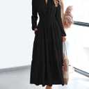 Women's Long Sleeve Maxi Dress with Pockets Spring Fall 2026 V-Neck Flowy Casual Wedding Guest Dress Elastic Waist 2XL