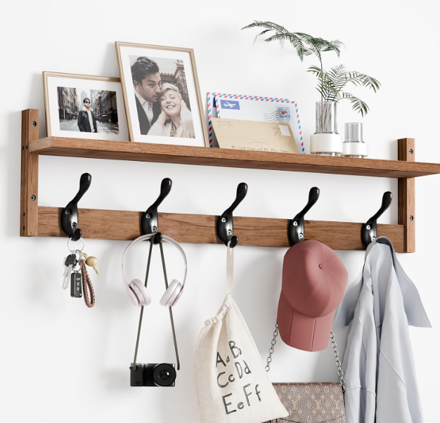Osivaex 29'' Coat Rack Wall Mount with Shelf, Wood Wall Hooks with Storage, Entryway Shelf with 5 Hangers for Bathroom, Living Room, Bedroom, Rustic Brown