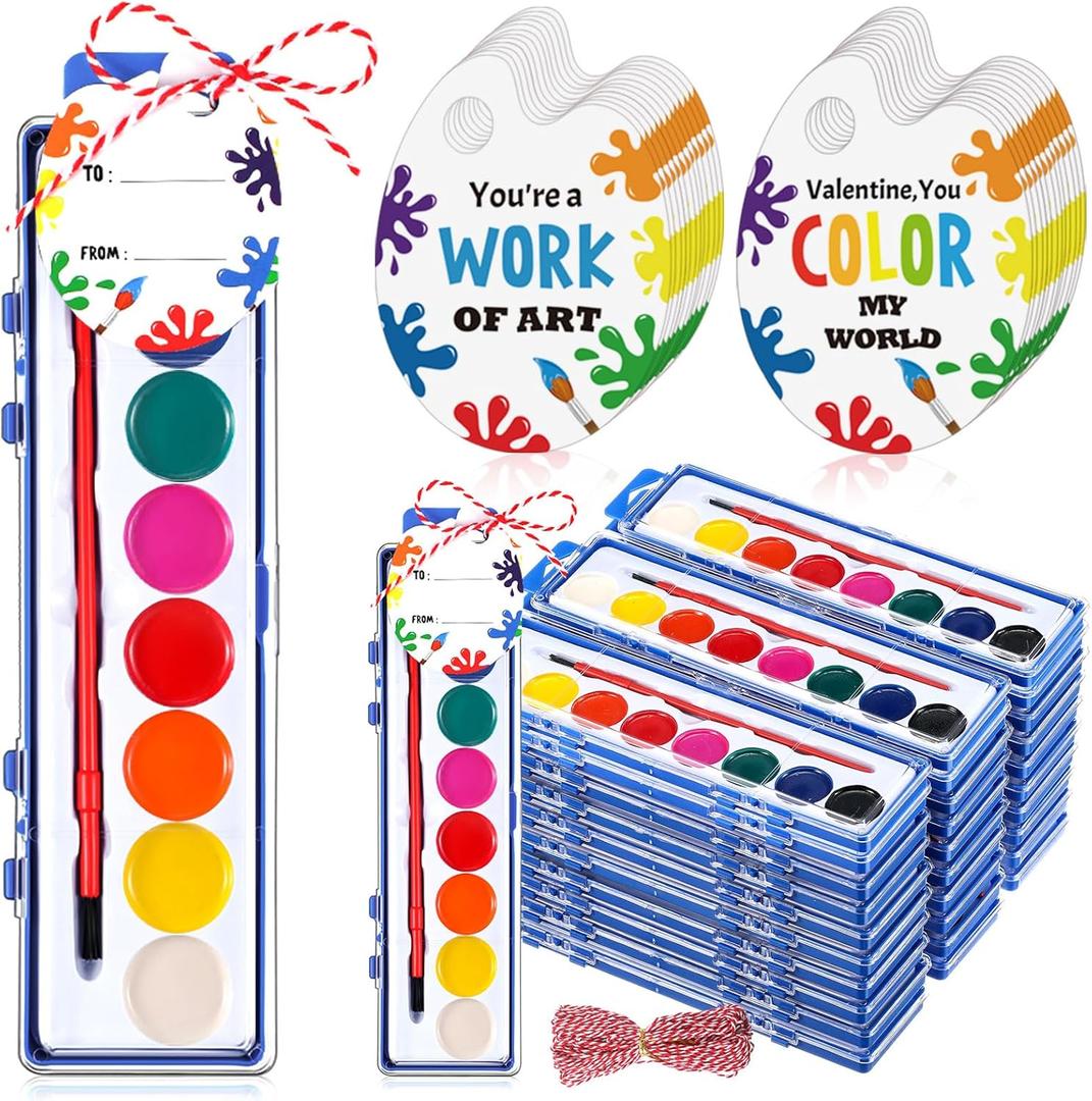 Sabary 30 Pack End of School Year Gift for Student Watercolor Paint Set Bulk with Card and Rope 8 Washable Watercolor Paint with Brush for Last Day of School Classroom Kid Art Party Favor (Round)