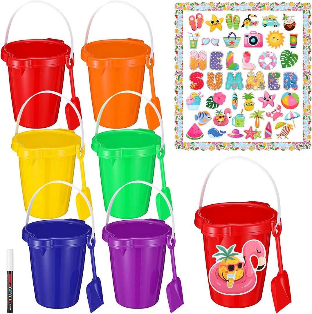 6 Sets Beach Sand Bucket and Shovel Set Included 6 Pcs 7.5 Inch Castle Beach Buckets Shovels 58 Hawaiian Cardstock 1 White Marker for Sandbox Summer Gifts Pool Party Favor