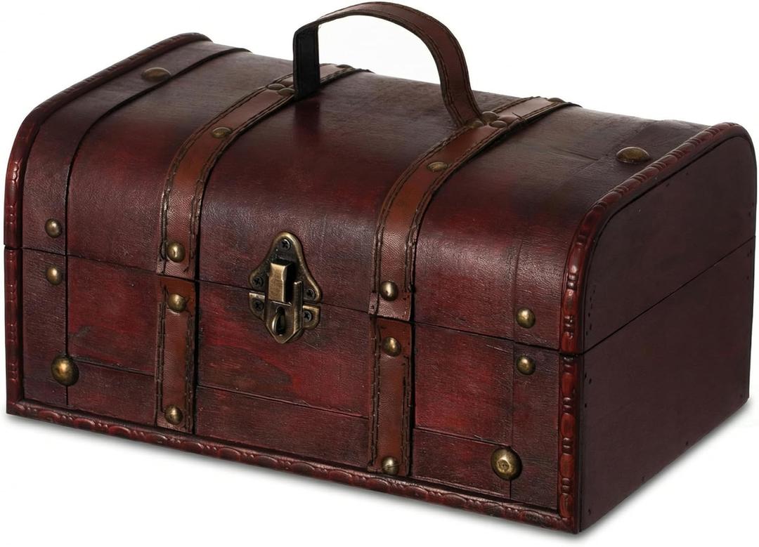 Vintiquewise Decorative Wooden Treasure Chest Keepsake Box Large Memory Trunk, Wood Lock Box, Treasure Chest Box for Kids & Adults