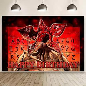 Stranger Demogorgon Birthday Decorations, Stranger Demogorgon Happy Birthday Banner Backdrop for Kids Birthday Party Supplies (5x3ft)