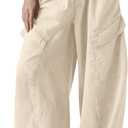 Fisoew Womens Barrel Baggy Cargo Pants Elastic Waist Wide Leg Casual Pants Y2K Streetwear with Multi Pockets 2026