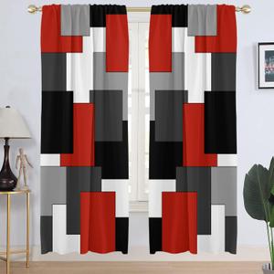 AAtter Red Black Geometric Window Curtain Abstract Grey Gray White Square Grid Mid Century Aesthetic Art Long Wide Living Room Bedroom Drapes Treatment Fabric 1 Pair, 52" W x 84" L, Modern