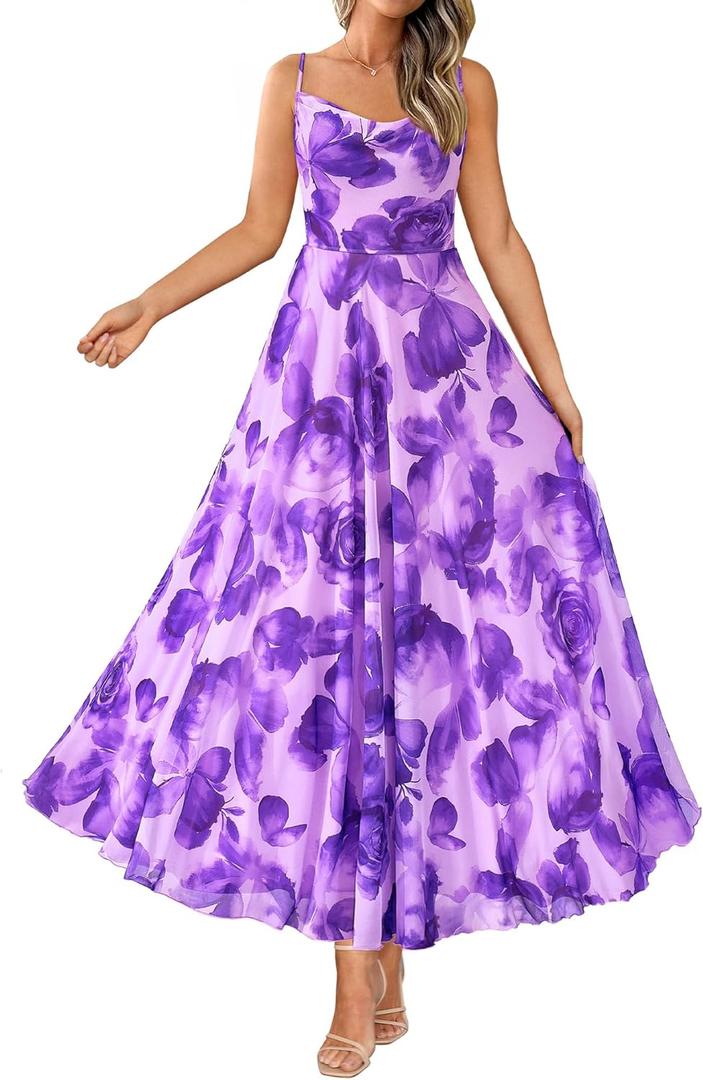 BTFBM Women Summer Floral Maxi Dresses Elegant Spaghetti Strap Dress Printed Party Dress Beach Long Dresses, Large