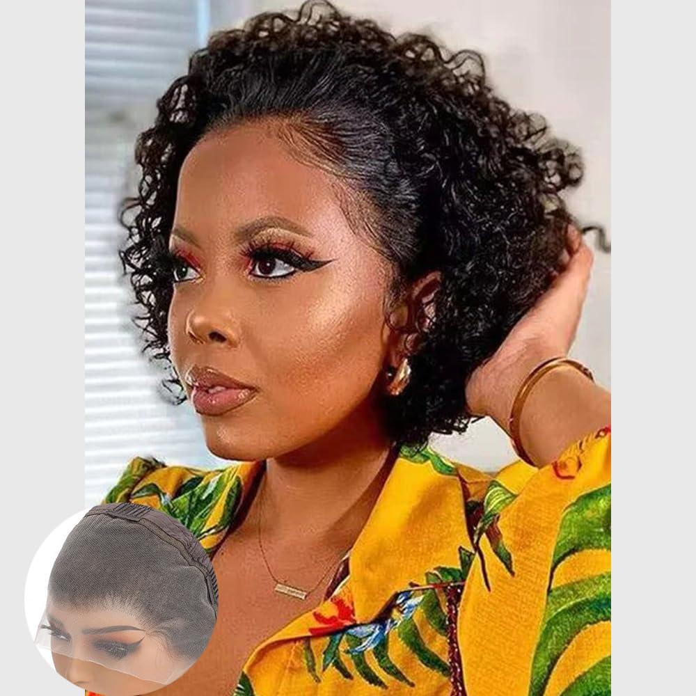 13X4 Short Curly Human Hair Wigs,Pixie Cut Wig Human Hair 6 Inch Wear and Go Glueless Wigs Pre cut Deep Wave Lace Front Wig for Black Women