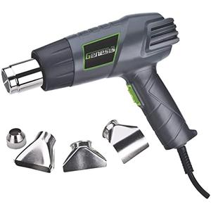 Genesis GHG1500A Dual Temperature Heat Gun Kit With Fast Heat High And Low Settings 572F/1000F, Air Reduction Nozzle, Reflector Nozzle, And Two Deflector Nozzles