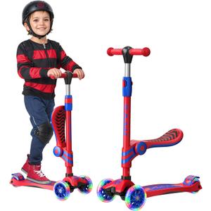 Red and Blue 3 Wheel Scooter with Seat for Kids, Light-Up Wheels, Adjustable Lean to Steer Handlebar and Seat, Smooth Wheels, Wide No-Slip Deck, Rear Foot Brake, Toddler Outdoor Toys for Ages 2+