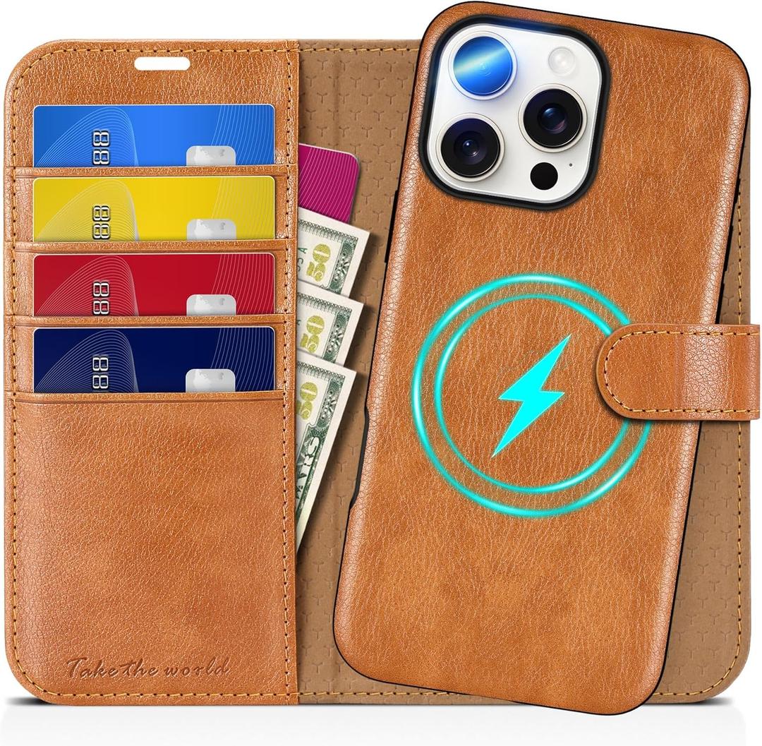 TUCCH Wallet Case for iPhone 16 Pro Max, [Removable] 2 in 1 [Wireless Charging] RFID Blocking [4 Card Slots] PU Leather Cover, Magnetic Detachable Stand Folio Case for iPhone 16 Pro Max, Light Brown