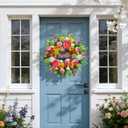 Spring Wreath for Front Door, 24 Inch Artificial Spring and Summer Wreath with Peony, Rose, Orchid, Hydrangea and Gardenia Flowers, Peach, Berries and Hello Wooden Sign, Decor for Indoor Outdoor