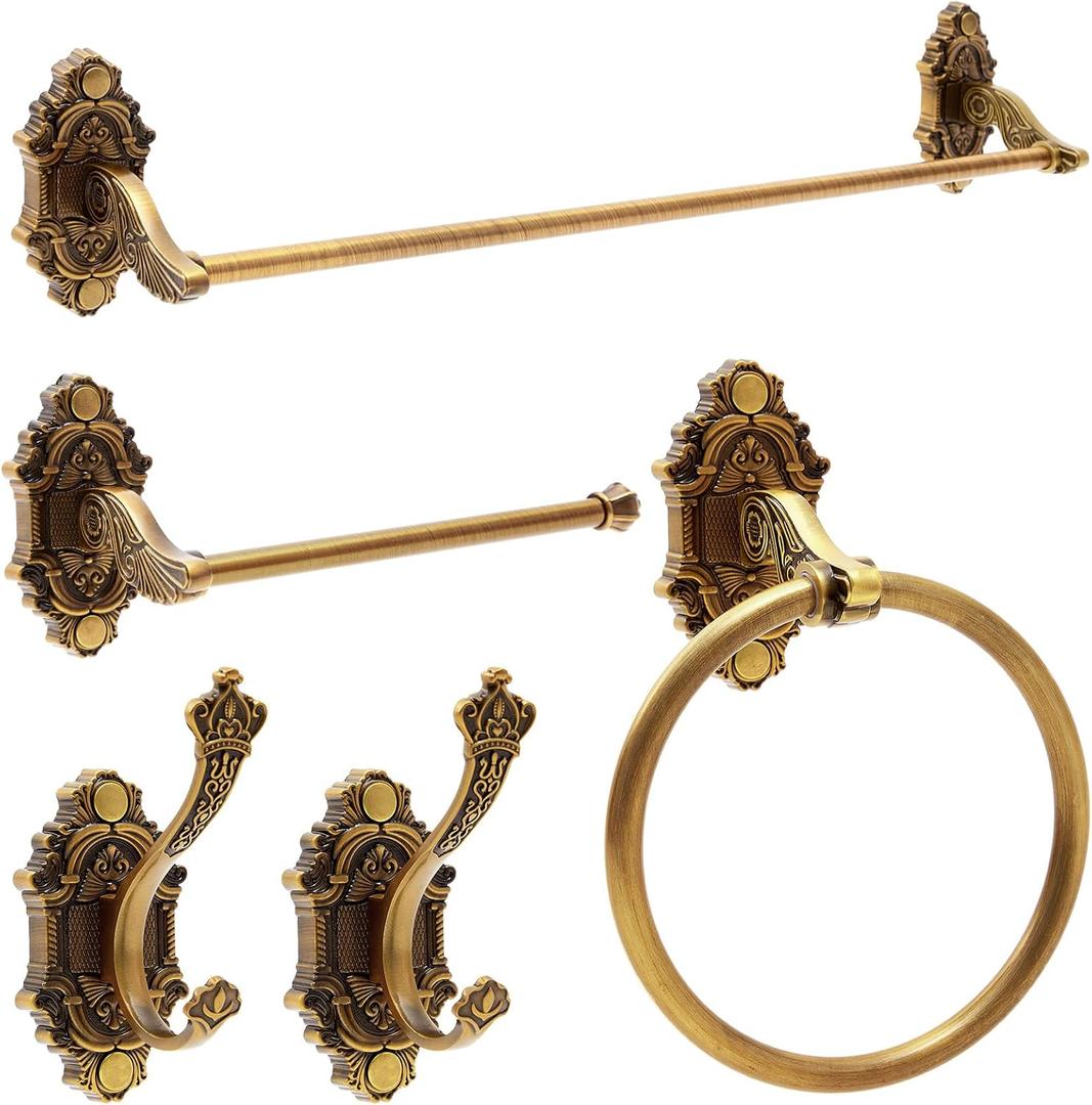 Zonon 5 Pieces Antique Brass Bathroom Hardware Accessories Set Vintage Towel Rack Toilet Paper Holder Towel Ring Robe Hook Wall Mounted for Bathroom Toilet Kitchen(Elegant)