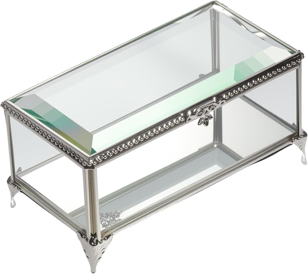Glass Vintage Jewelry Box Keepsake storage Trinket Ring Display Box Home Decor Beveled Clear Glass Box Organizer(6.5x3.5x3.3inches) (Silver)