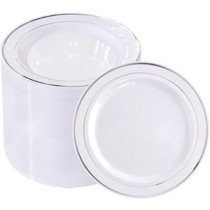 bUCLA 100Pieces Silver Plastic Plates -6.25inch Disposable Salad/Dessert Plates- White with Silver Rim Premium Hard Plastic Appetizer Plates/Small Cake Plates for Weddings,Parties&Christmas