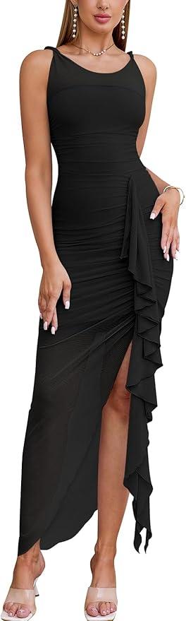 EYNMIN Women's Ruched Bodycon Midi Dresses Twist Strap Crew Neck Mesh Ruffle Split Cocktail Party Dress Black, L