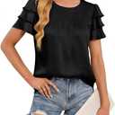 Womens Satin Ruffle Short Sleeve Dressy Blouse Business Work Cute T Shirts Trendy Outfits Elegant Textured Tops, Size S