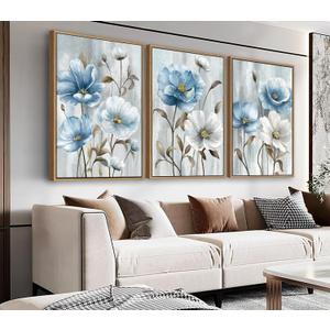 NINEASO Flowers Framed Canvas Wall Art - Blue White Flowers Pictures Abstract Floral Wall Decor Rustic Botanical Painting Farmhouse Print Artwork for Living Room Bedroom Home Office 24x36in*3 Natural