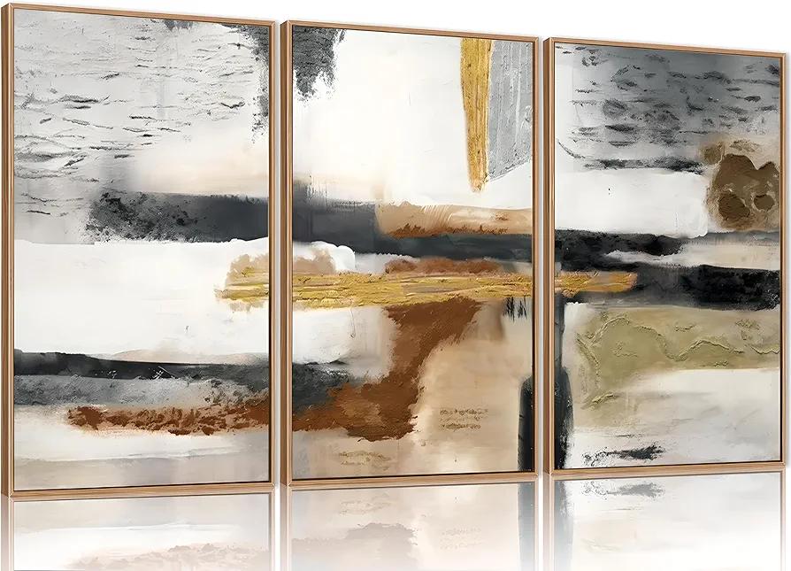 Celestdeco Modern Abstract Framed Canvas Wall Art Set, Neutral Textured Wall Decor, Boho Minimalist Gold and Gray Wall Painting for Living Room, Bedroom, Dining Room, Office - 16" x24" x3