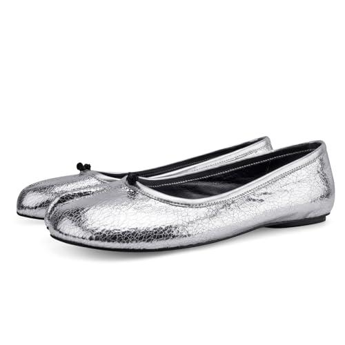 VBDB Tabi Silver Ballet Flats for Women Slip on Shoes Wide Width Split Toe Dress for Women Low Heels Comfortable Flats Shoes Size 7