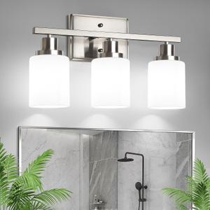 Ascher Bathroom Light Fixtures, 3-Light Vanity Light Over Mirror, Modern Brushed Nickel Wall Sconces with Milky White Shades, Wall Lamp for Kitchen Hallway Cabinet Porch E26 Base