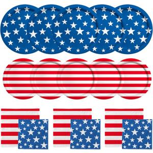 American Flag Patriotic Party Supplies Disposable dinner paper plates dessert paper plates Napkins and Cocktail napkins for Veterans Day Election Day 4th of July Independence Day Decorations, Serve 50