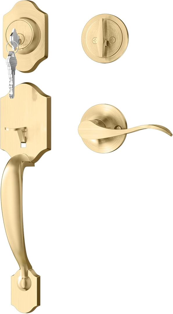 goldenwarm Front Door Handle and Deadbolt Set, Gold Front Door Lock Set with Reversible Handle Lever, Classic Brass Front Door Hardware, Front Door Handles and Locks (1 Pack)