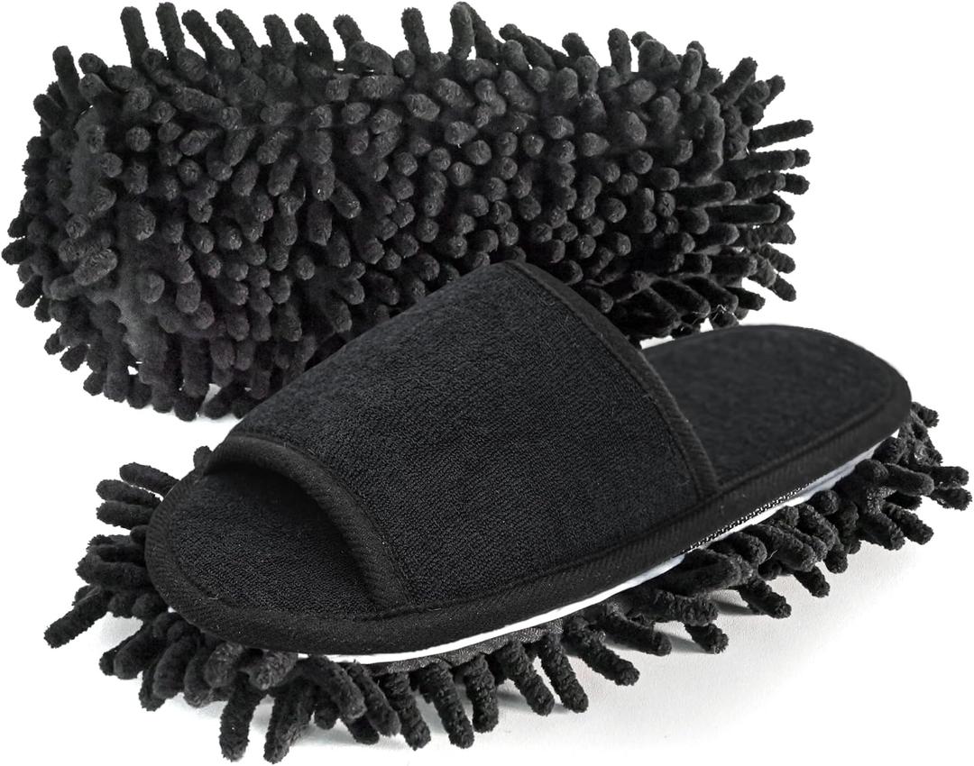 Friendly House Women's Microfiber Floor Cleaning Mop Slippers with Terry Towel Fabric (Suitable for women size 9-10.5, Black)