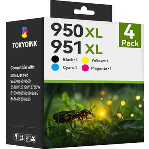 950XL and 951XL Ink Cartridges Combo Pack (4 Pack) Replacement for HP 950XL 951XL Ink Cartridges for HP Printer Works for 8600 Officejet Pro 8610 8620 8630 8100 8615 Black Cyan Magenta Yellow