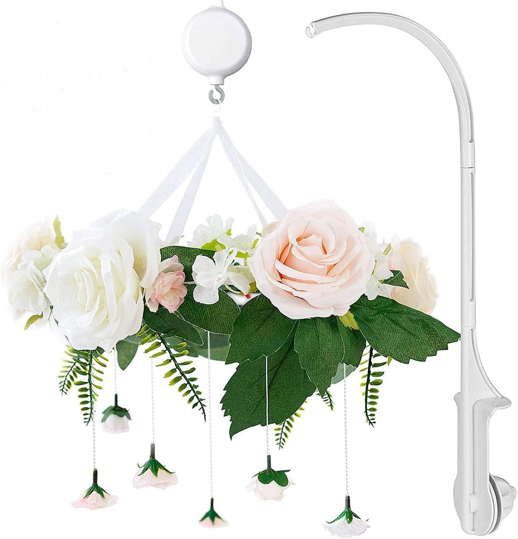 Rose Flower Baby Mobile with Music Box & Crib Arm. Handmade Floral Baby Crib Mobile. Girl Nursery Decor, Baby Shower Gift