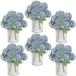Pre-Made Flower Table Centerpieces, Set of 6 Artificial Silk Chrysanthemum with Farmhouse Metal Vases for Wedding, Birthday Parties, Home, Dining Table Decorations - Dusty Blue