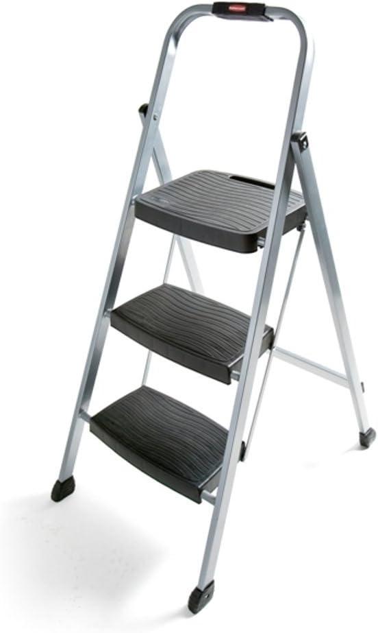Rubbermaid 3-Step Steel Ladder,Folding Step Stool with Hand Grip and Non-Slip Feet, Silver, Tested to ANSI US Safety Standards, No Assembly Required