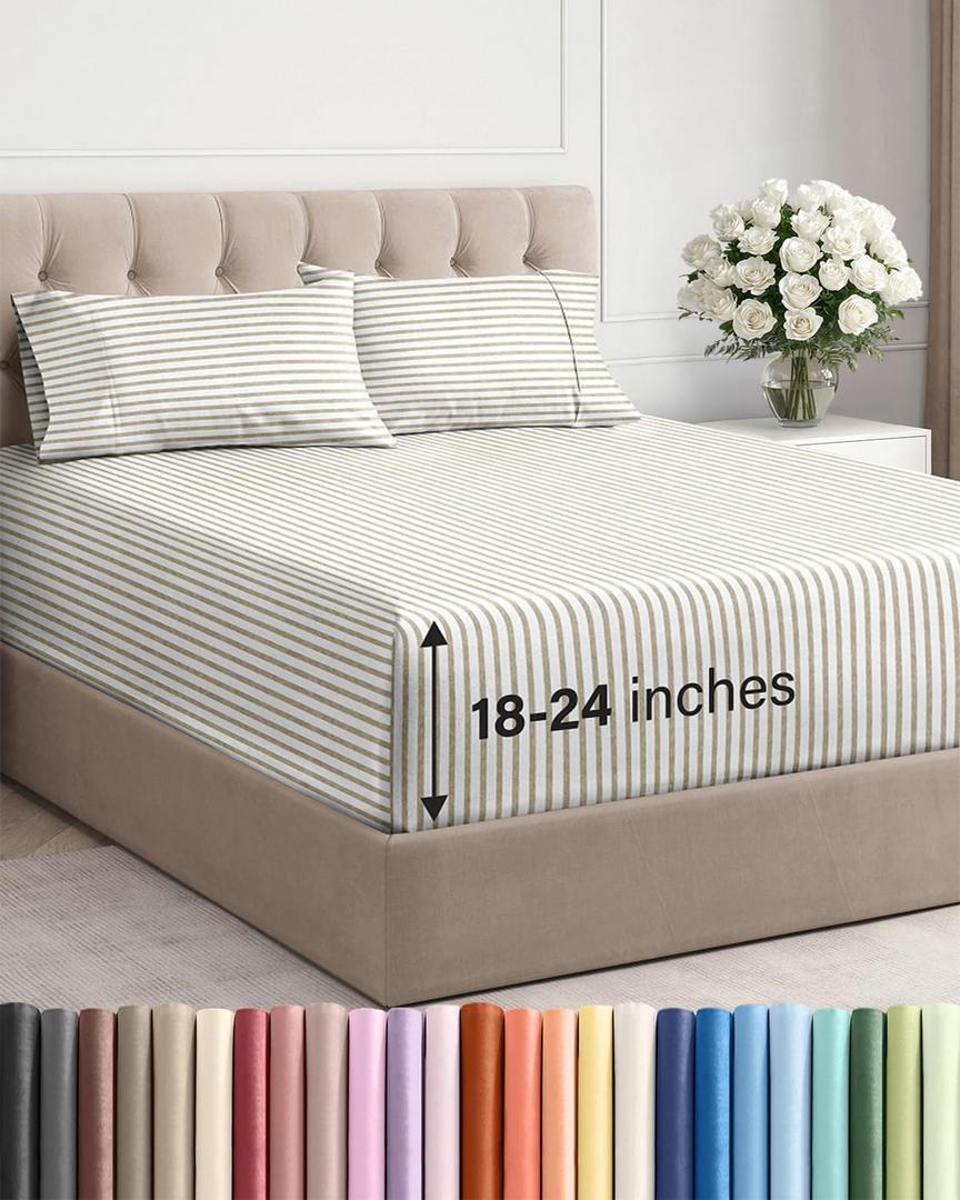 Extra Deep Pocket Full Sheets - 4 Piece Breathable & Cooling Bed Sheets - Hotel Luxury Bed Sheet Set - Soft, Wrinkle Free & Comfy - Easily Fits Extra Deep Mattresses - Deep Pocket Beige Striped Sheets