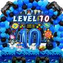 Vlipoeasn 90PCS 10th Birthday Video Game Party Decorations for Boys - Blue 10th Video Game Backdrop, Balloons, Tablecloth, Gamer and 10 Foil Balloons for 10th Birthday Party Supplies