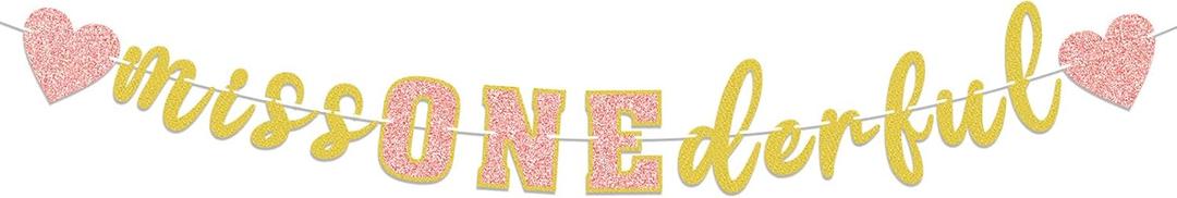 Miss Onederful Gold and Pink Glitter Garland Banner Perfect for Wonderful Little Girl Toddler Baby Girl 1st Birthday Party Decorations.