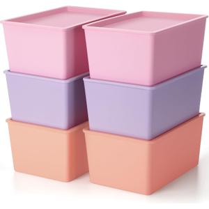 Menkxi 6 Pcs Large Plastic Storage Bins with Lids 14.4 x 10.4 x 5.1 Inch Stackable Storage Containers Durable Box Baskets for Organizing Shelves Playroom Classroom Office (Pink, Purple, Orange)