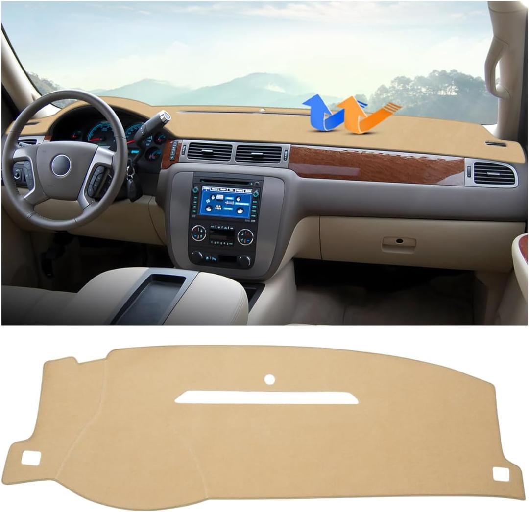 Autorder Beige Dashboard Cover Mat for 2007-2013 Chevy Chevrolet Silverado Sierra, 2007-2014 Chevy Tahoe Suburban Denali Avalanche & GMC Yukon/XL & Only One Glove Box Accessories Polyester Dash Cover