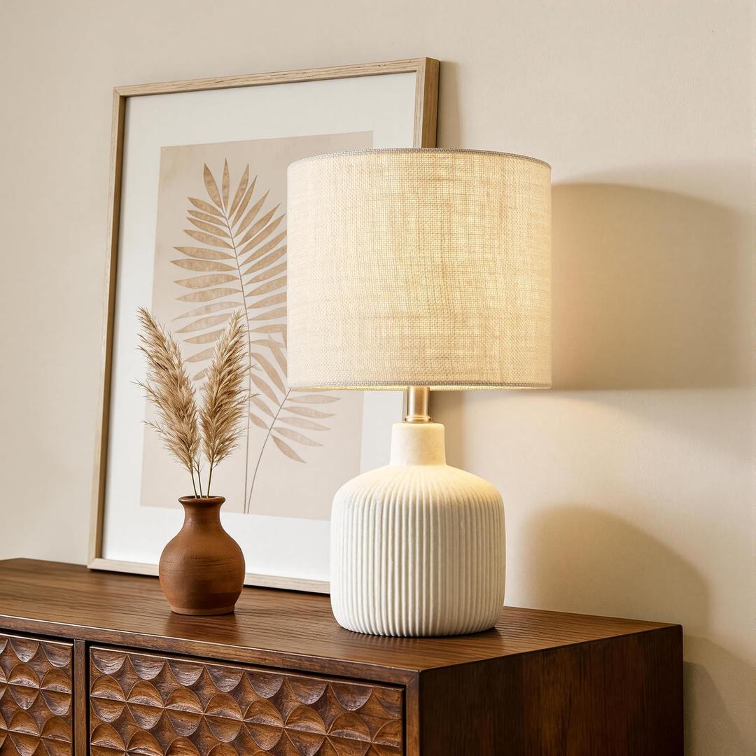 Ceramic Table Lamp, 17.75" Rustic Farmhouse Bedside Lamp with Beige Linen Shade, Warm Ambient Nightstand Lighting for Bedroom or Living Room, Off-White