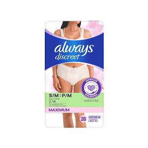 Always Discreet Adult Incontinence Underwear for Women and Postpartum Underwear, Small/Medium, Up to 100% Bladder Leak Protection, 28 Count