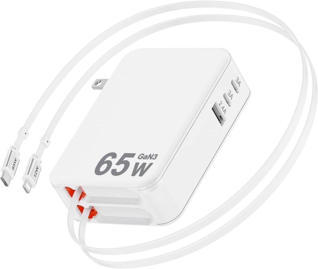 65W Retractable Wall Charger,5 in 1 Retractable Phone Charger Wall Plug with 3 USB Ports, 3.9FT PD USB C Chargers Block Fast Charging for iPhone 17 16 15,MacBook Pro/Air,Galaxy 24 23,Pixel,Travel