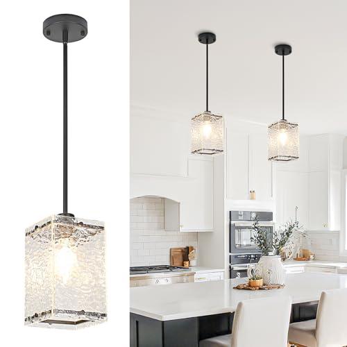 ElilyGiA Water Ripple Glass Pendant Lights Black Pendant Lights Kitchen Island Adjustable Modern Hanging Pendant Light Fixtures for Sink Kitchen Dining Room Foyer Entryway, 2 Pack