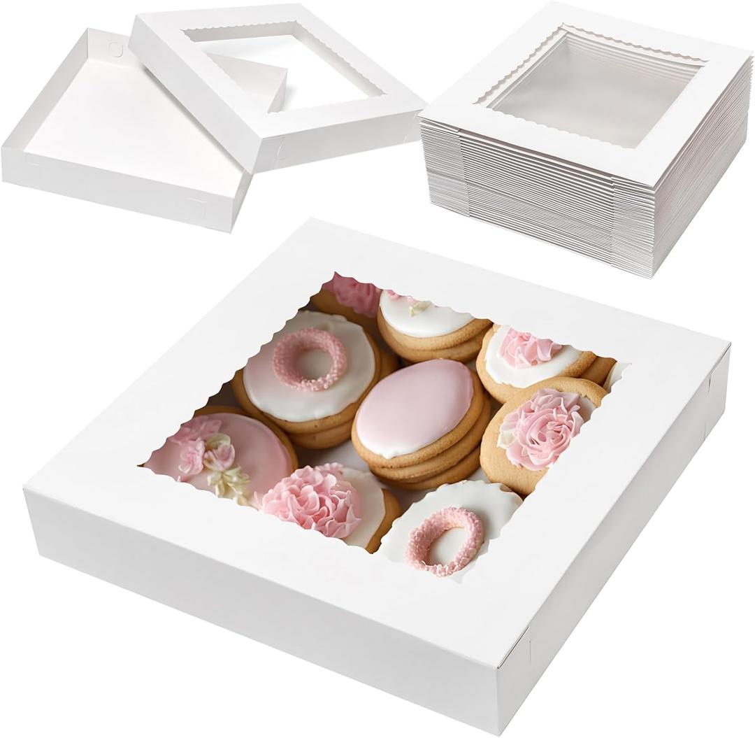 Mefleet 20Pcs 14x14x2.5 Bakery Boxes with Window Pie Boxes for Pastry Baking Cake, Cupcakes, Donuts, Cookies, Muffins Treat Packaging White Large Square