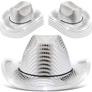 Kigeli 10 Pcs Lights LED Cowboy Cowgirl Hat LED Flashing Hat Cowgirl Hat for Western Cowboy Role Play(Silver,Sequin)