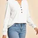 Cicy Bell Womens Puff Long Sleeve Henley Shirts Trendy Casual V Neck Button Up Tunic Tops Loose Fit Basic Tees (White, L)