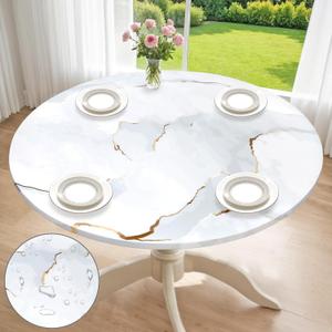 Round Fitted Tablecloth with Elastic Edge Waterproof Table Cloth White Marble Wipeable Table Cover Fits 36"-44" Round Tables for Dining Picnic Camping