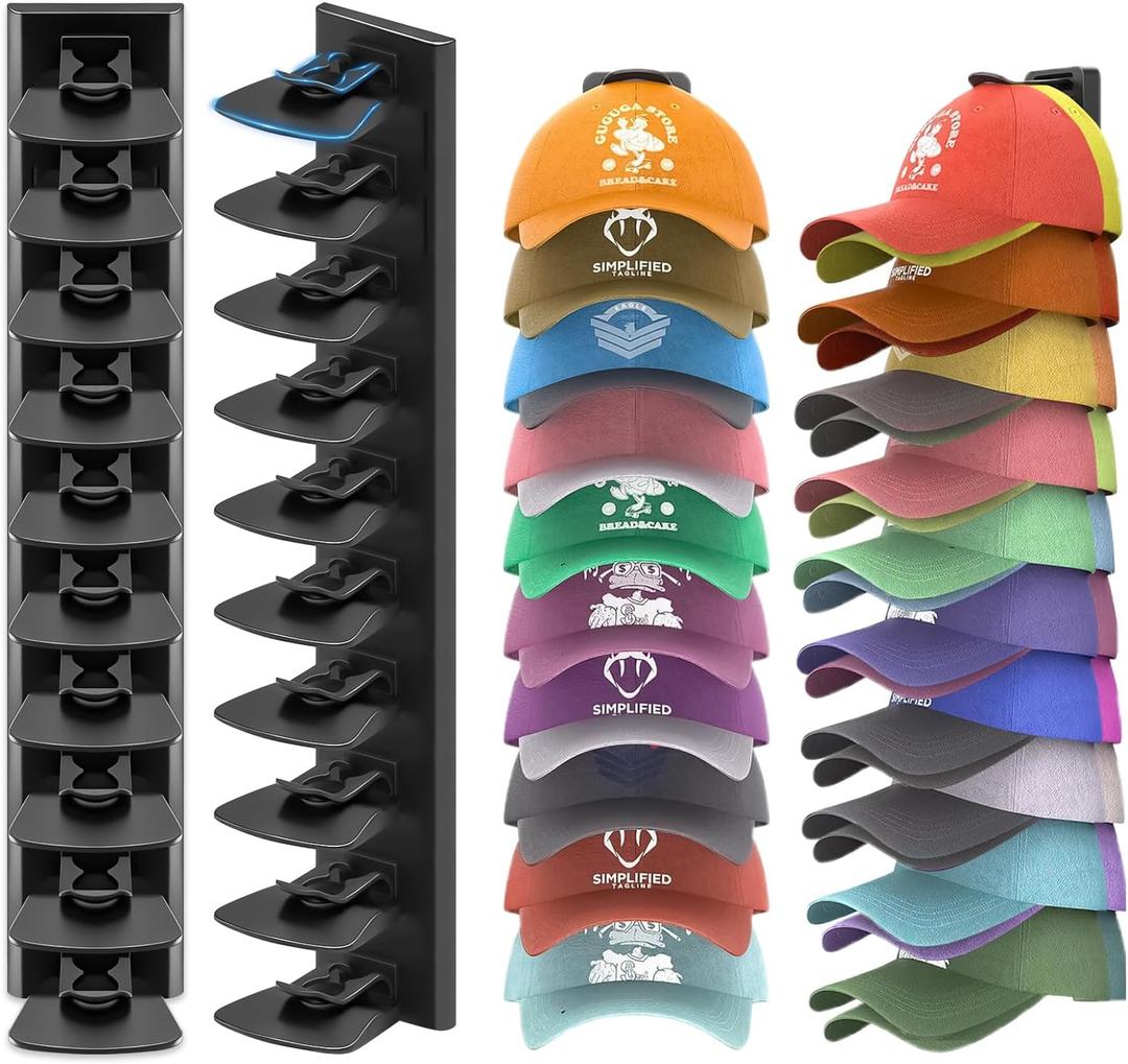 Baseball Cap Storage Rack Wall Mounted - 2-Pack - Holds 40 Caps, Space-Saving Storage and Display Rack - Strong Adhesive Wall Mount - No Drilling Required for Wall and Door Installation (Black)