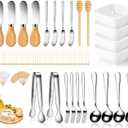 Charcuterie Board Accessories With 3 Oz Ceramic Dip Bowls, Wooden Handle Silver Cheese Spreader Butter Knive Set Kit, Mini Tongs, Spoons, Forks,Honey Dipper, Cocktail Picks
