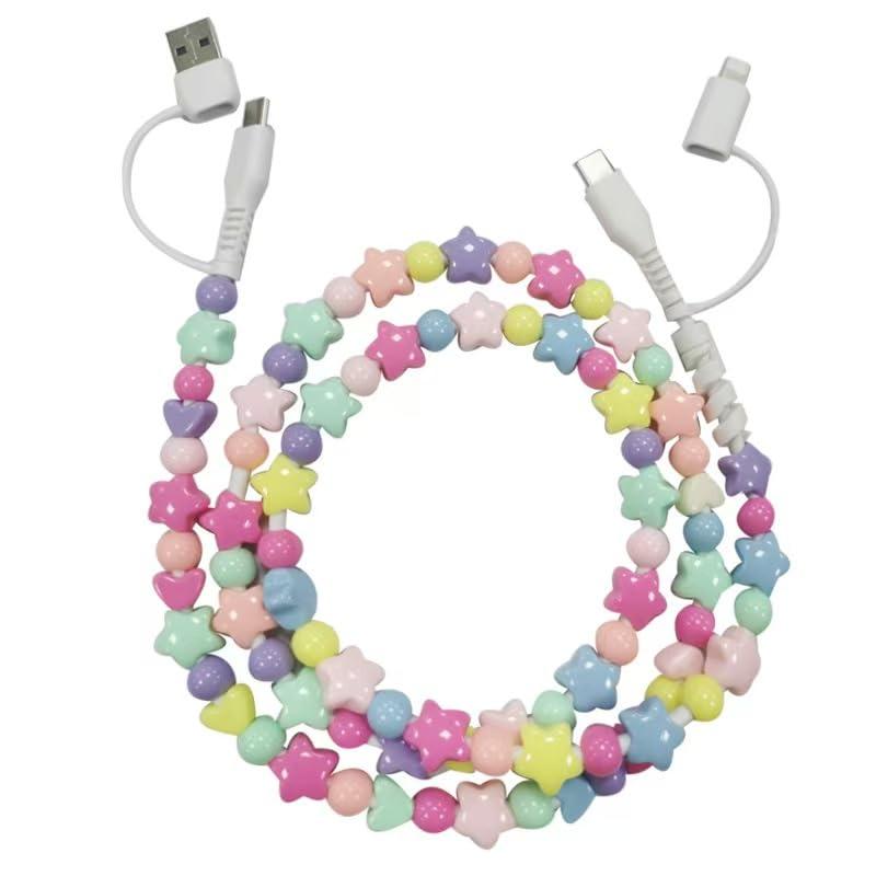 Beaded Charging Cord for Phone 4 in 1 Multi Colorful Charging Cable Stars Beads Charging Cord 3.3FT for Girls Fast Charging for iPhone Android