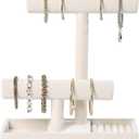 ByKen Multi-Functional 2 Tier Jewelry Holder,Necklace Bracelet Holder with Earrings Rings Tray,Jewelry Organizer Stand for Scrunchie Watches(Beige Velvet)