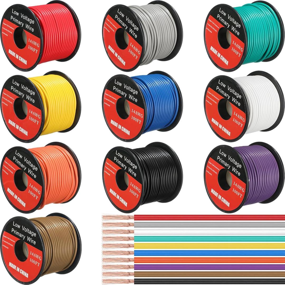 Gisafai 10 Pcs 14 Gauge Wire 100 ft Per Roll (1000 ft Total) Automotive Primary Wire Spools Copper Clad Aluminum Primary for 12v Automotive Harness Car Audio Video Wiring