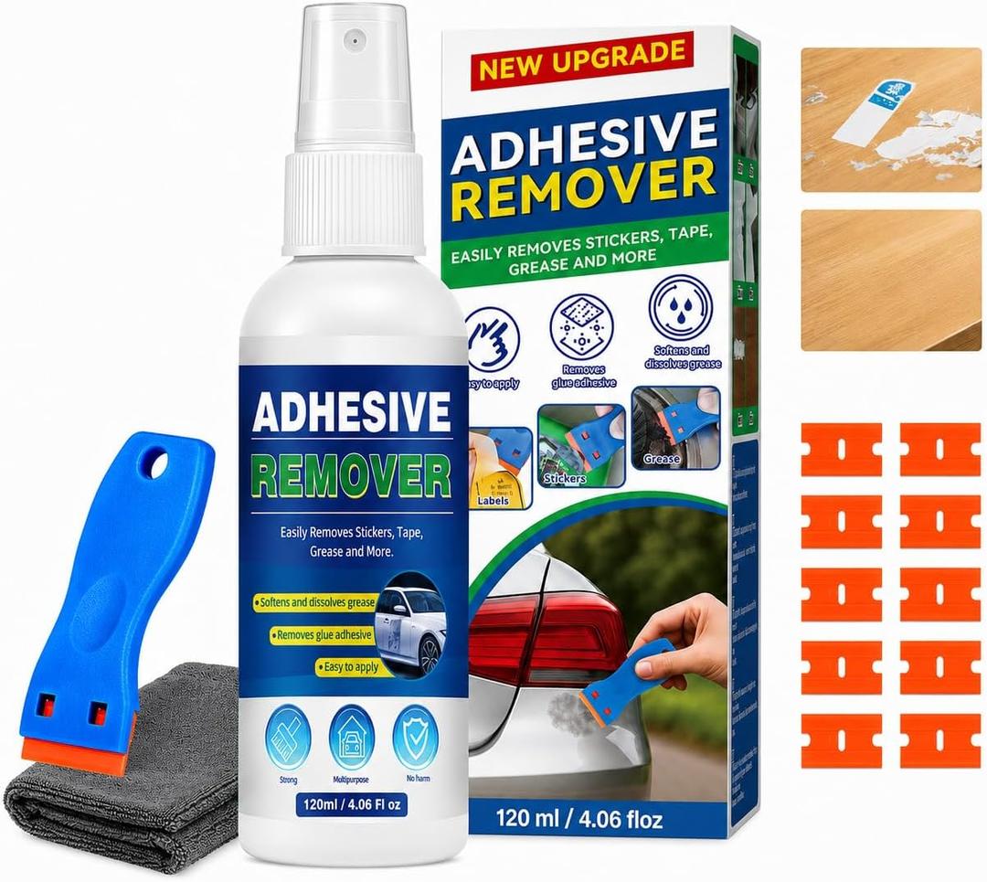 Adhesive Remover, Sticker Remover with Plastic Razor & Towel, 120ml Glue Removers for Removing Labels, Tapes, Gum, Wax and Sticky Residue, Powerful Super Glue for Floor, Windows, Walls, Cars